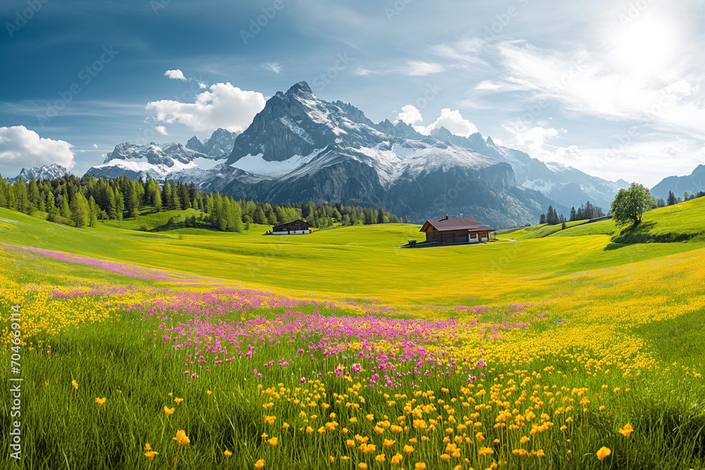 alpine meadow in the green mountains landscape, spring time