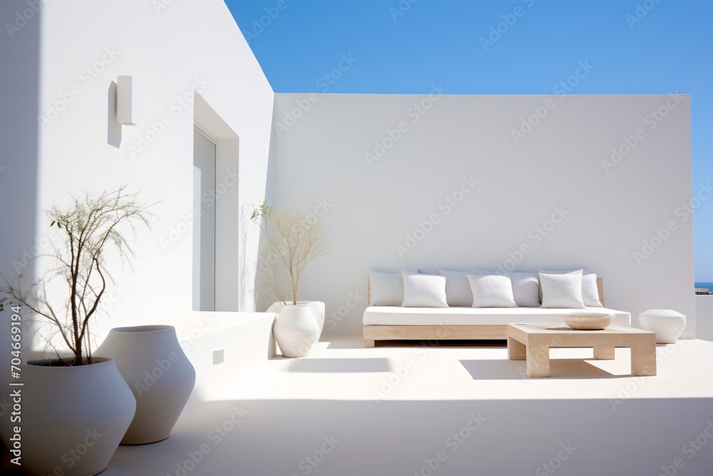 Minimalist white terrace with sofa and potted plants Minimalist white terrace with sofa and potted plants