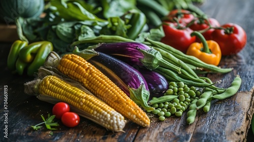 Farm market. okra  corn  eggplant  green beans and edamame on a wooden table.