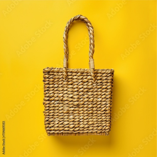 Eco-friendly wicker straw bag on yellow background with place for text, Blank yellow paper gift bag, Empty yellow color shopping bag on the yellow background