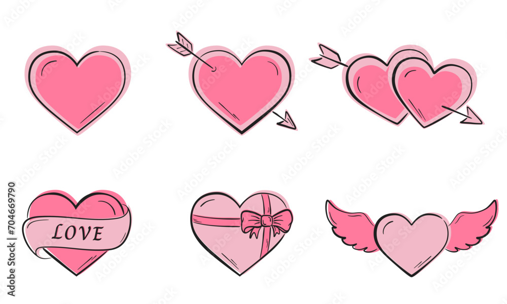hearts pink icon set. love and romantic symbols. vector images for valentines day design