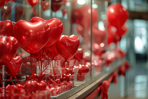 The shop window is festively decorated for Valentine's Day. Sales and promotions until Valentine's Day.