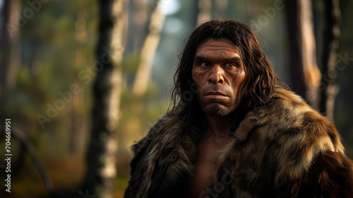 Portrait of a neanderthal man in the forest