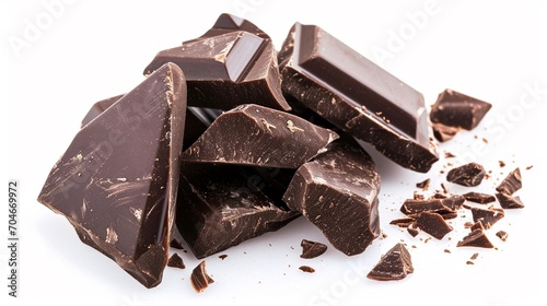 Pieces of dark chocolate isolated on white background.