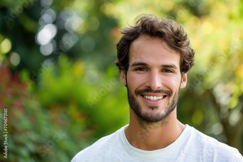 Handsome European man with a friendly smile in a natural setting