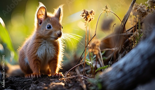 A charming young red squirrel basking in the warm light of a peaceful park, a perfect image capturing the beauty of nature and wildlife © YULIA