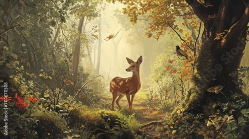  a painting of a deer standing in the middle of a forest with a bird flying over the top of it. photo