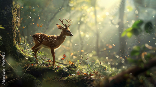  a deer standing in the middle of a forest with lots of leaves on the ground and a sunbeam in the background.