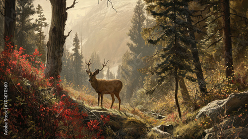  a painting of a deer standing in the middle of a forest with red flowers in the foreground and a mountain in the background.