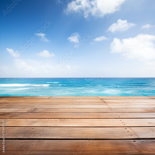 Wooden dock over blue ocean with white clouds in the sky