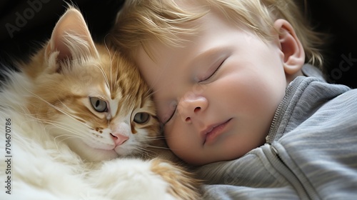 Cherished and heartwarming moment of a baby and cat peacefully napping together in perfect harmony