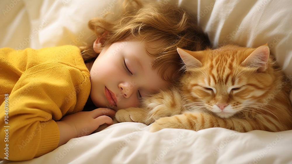 Sweet and heartwarming moment of a baby and cat peacefully napping together in perfect harmony Sweet and heartwarming moment of a baby and cat peacefully napping together in perfect harmony
