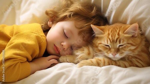 Sweet and heartwarming moment of a baby and cat peacefully napping together in perfect harmony