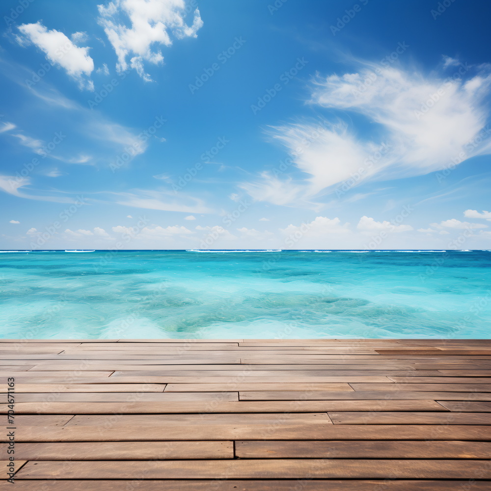 Wooden dock over calm blue ocean with white clouds in the sky