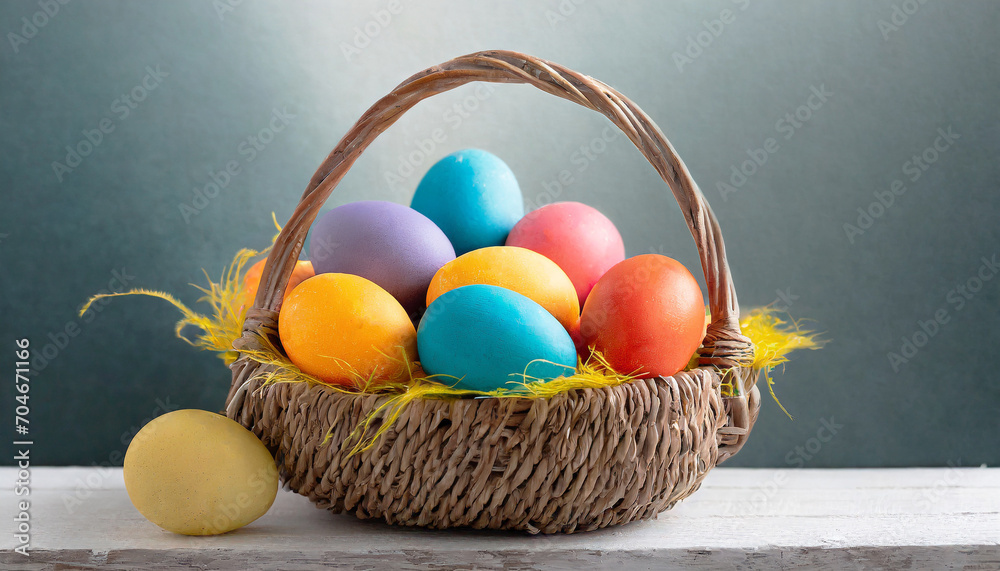 Colorful dyed Easter eggs in woven wick basket. Pastel painted hard-boiled eggs for holiday Easter breakfast brunch or lunch with cute decorations for spring. Minimalistic Easter concept. 