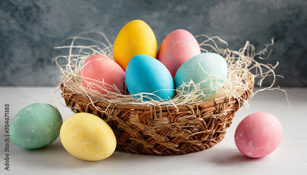 Colorful dyed Easter eggs in woven wick basket. Pastel painted hard-boiled eggs for holiday Easter breakfast brunch or lunch with cute decorations for spring. Minimalistic Easter concept. Colorful dyed Easter eggs in woven wick basket. Pastel painted hard-boiled eggs for holiday Easter breakfast brunch or lunch with cute decorations for spring. Minimalistic Easter concept.