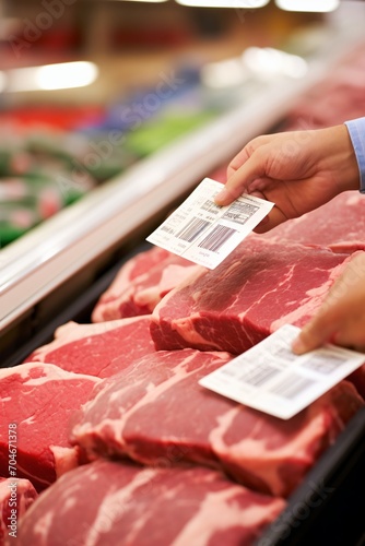 Person holding a food label in front of raw meat