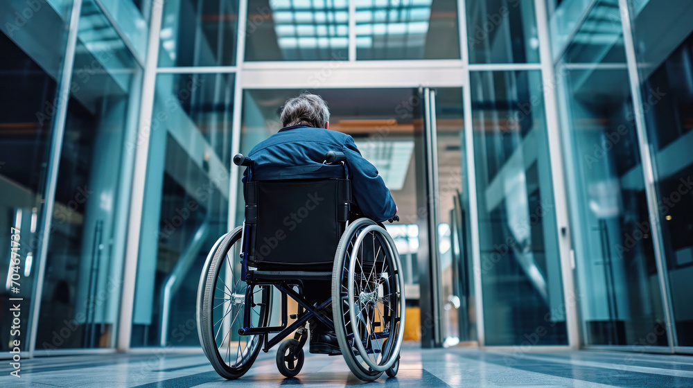 Senior man, Pensioner in a wheelchair and a jacket entering a modern building, disability accessible workplace or hospital on a cold day. Rear view. Senior man, Pensioner in a wheelchair and a jacket entering a modern building, disability accessible workplace or hospital on a cold day. Rear view.