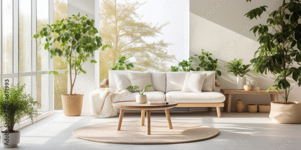 Bright living room with seating area, plants