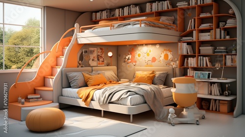 A cozy and modern bedroom with a loft bed and lots of storage space