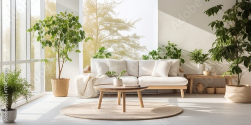 Bright living room with seating area, plants