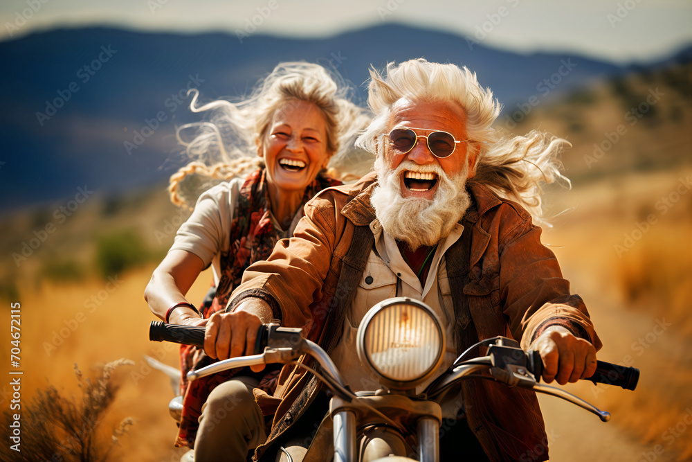 Joyful Seniors In Motorcycle Adventure