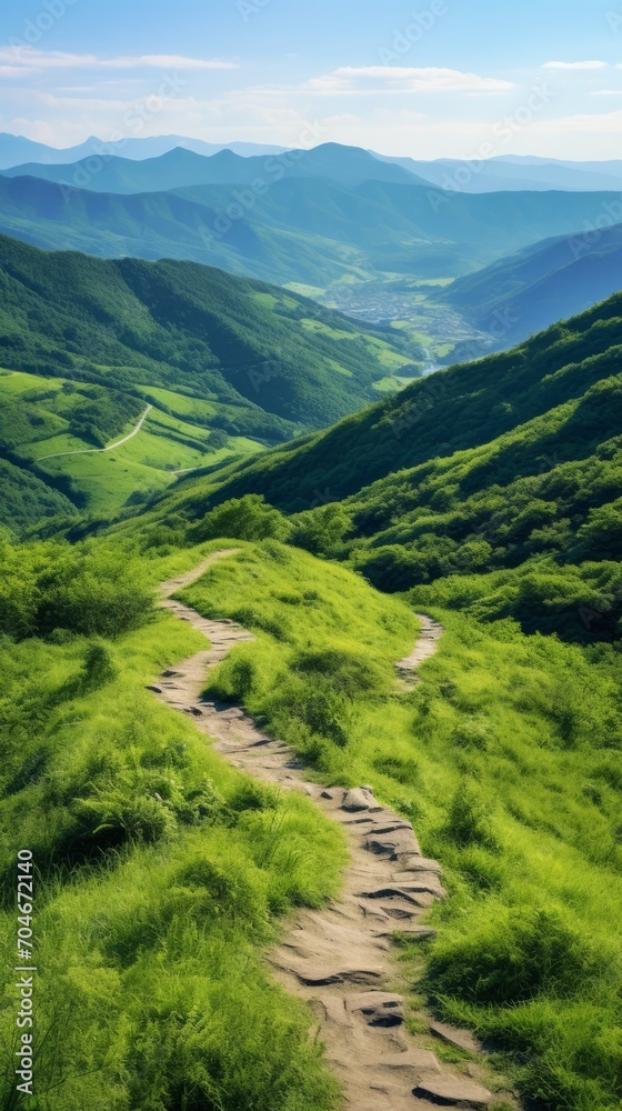 A Serene Dirt Path Cutting Through a Lush Green Valley