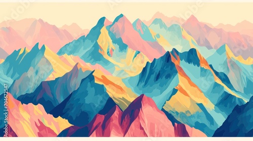  a painting of a mountain range with a pastel color scheme of blue, pink, yellow, and orange.