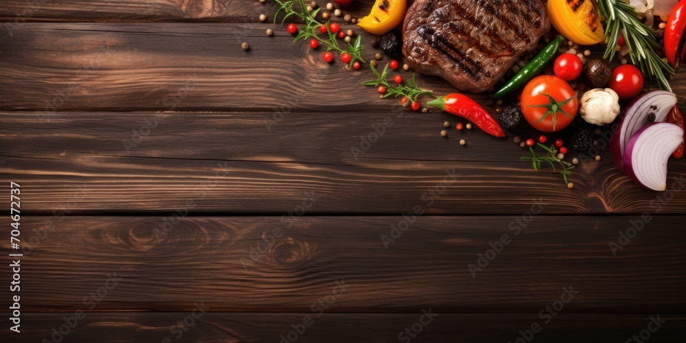 Top-down view of grilled beef steak and vegetables on a wooden table, with space for text. Background image for food grill.