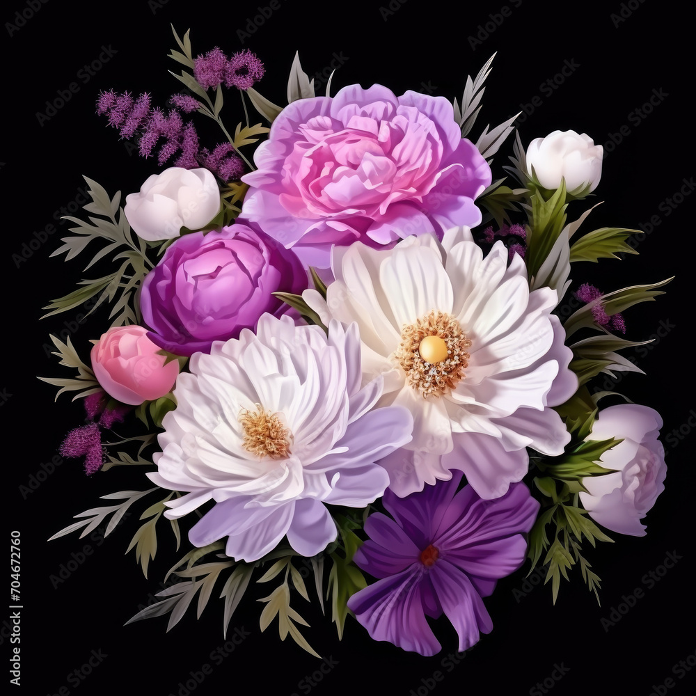 Obraz premium Beautiful bouquet of colorful various peony flowers on a dark background, holiday card concept