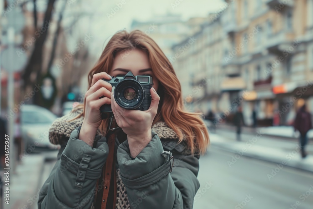 Young European Woman with a Vintage Camera in a City