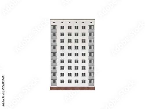 Nine-storey white apartment skyscraper building, isolated on transparent background.