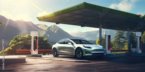The electric car is charged at an electric gas station outside the city.
