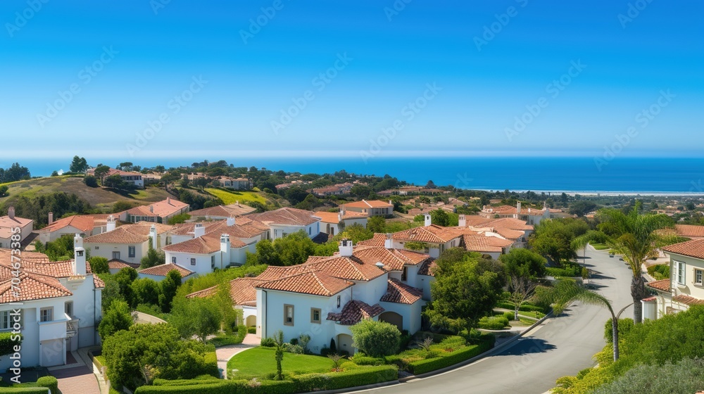 Stunning view of a coastal community with Spanish-style homes