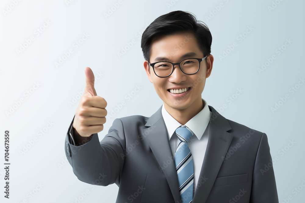 Portrait of smiling young asian man in glasses and a gray business suit showing thumbs up as a sign of approval isolated on white background with copy space Portrait of smiling young asian man in glasses and a gray business suit showing thumbs up as a sign of approval isolated on white background with copy space