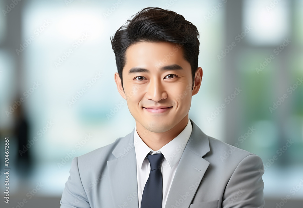 Portrait of smiling young asian businessman in a gray business suit at his office blurred background with copy space Portrait of smiling young asian businessman in a gray business suit at his office blurred background with copy space