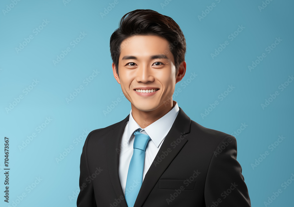 Portrait of smiling young asian businessman in a black business suit on plain pastel light blue background with copy space Portrait of smiling young asian businessman in a black business suit on plain pastel light blue background with copy space