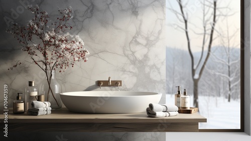 Bathroom interior with a winter landscape view