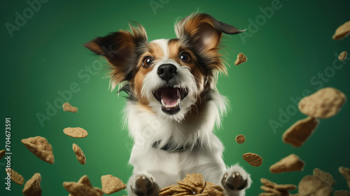 Dog with open mouse and big eyes catching dry pet food on green background, studio shot. Funny dog with cookies. Funny dog on green background. Dog food advertisement. photo