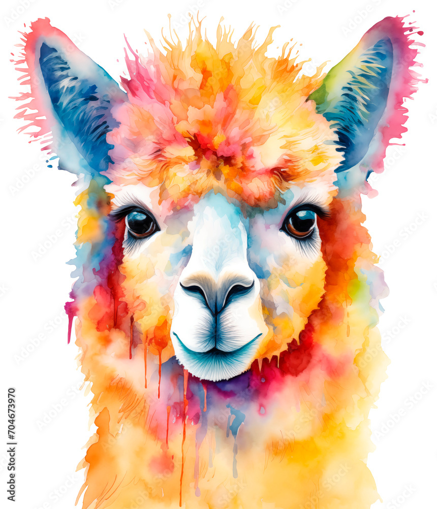 Watercolor alpaca head isolated on white background. Cute colorful llama animal illustration.