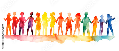Abstract silhouettes of people holding hands. Watercolor illustration on white background. Concept of equality and diversity.