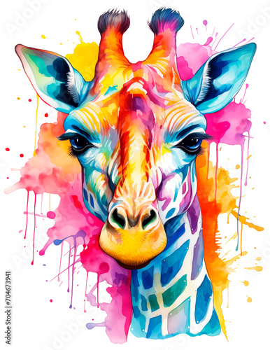 Watercolor giraffe head isolated on white background. Cute colorful wild animal illustration.