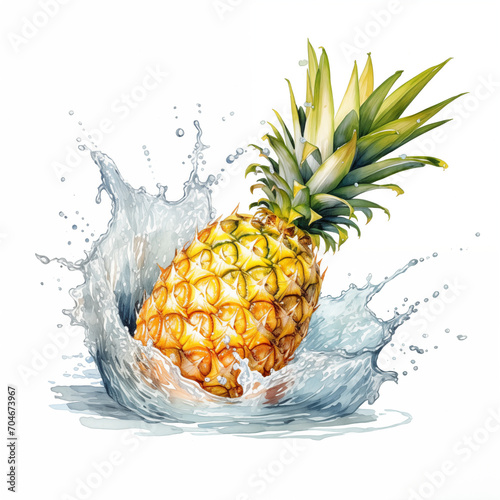 Water splash with pineapple isolated on white background. Waterdrops, mid motion. Watercolor style. Healthy vegetarian lifestyle, vitamin organic food concept, exotic fruits