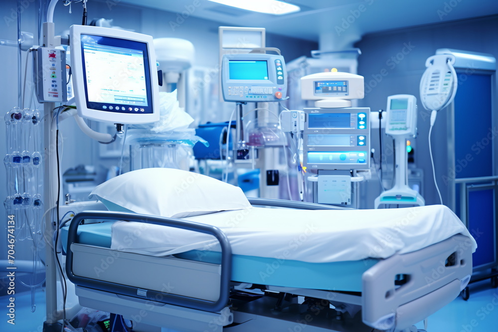 An empty hospital bed in an intensive care unit