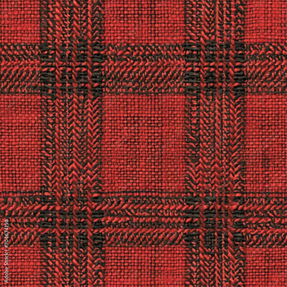 Red background, classic red tartan fabric texture, checkered plaid pattern, detailed woven material, traditional Scottish kilt design.