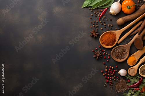 Assorted spices in wooden spoons on dark background, culinary herbs, cooking ingredients, food flavoring, top view.