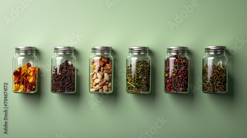 A Row of Jars Filled With Various Types of Food and herbs