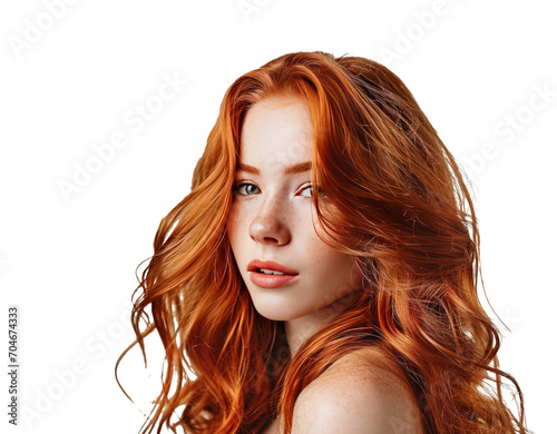 Young model with beautiful hair in waves, cut out - stock png.