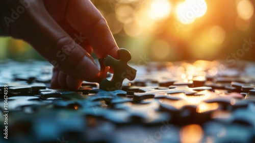  a close up of a person placing a piece of a puzzle on top of a table with the sun in the background.