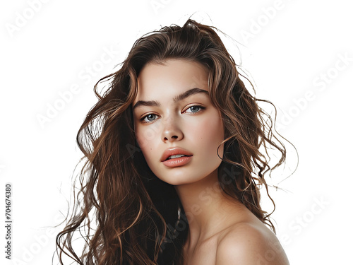 Young model with beautiful hair in waves, cut out - stock png.